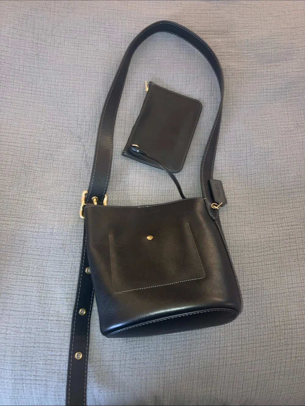 Coach Black Leather Shoulder Bucket Bag with Gold Hardware